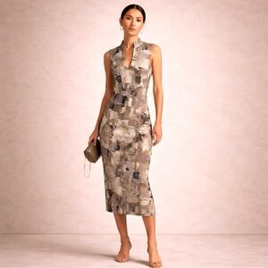 Sarah Pacini Avant Garde Abstract Midi Dress High Mao Collar Italy Sz 4